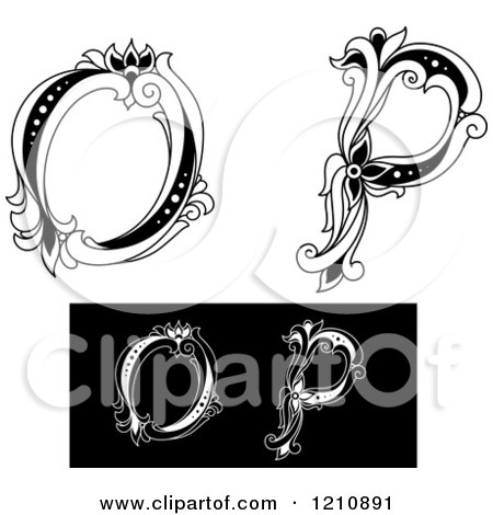 Clipart of a Black and White Vintage Floral Letter O and P - Royalty Free Vector Illustration by Vector Tradition SM