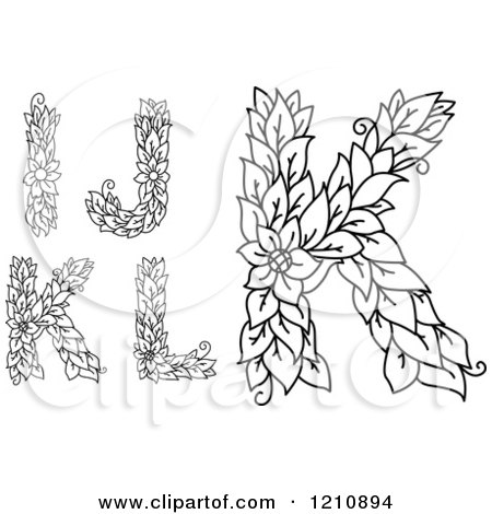 Clipart of Black and White Floral Letters I J K and L - Royalty Free Vector Illustration by Vector Tradition SM