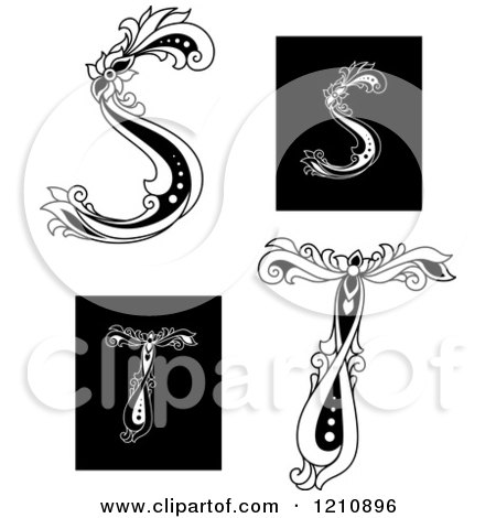 Clipart of a Black and White Vintage Floral Letter S and T - Royalty Free Vector Illustration by Vector Tradition SM
