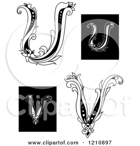 Clipart of a Black and White Vintage Floral Letter U and V - Royalty Free Vector Illustration by Vector Tradition SM