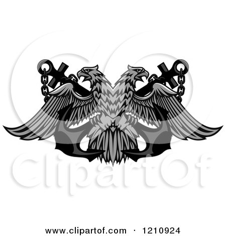 Clipart of a Grayscale Double Headed Eagle and Crossed Anchors - Royalty Free Vector Illustration by Vector Tradition SM