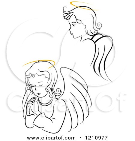 Clipart of Black and White Angel Girls with Golden Halos - Royalty Free Vector Illustration by Vector Tradition SM