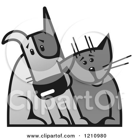 Clipart of a Grayscale Dog and Cat Sitting Together - Royalty Free Vector Illustration by Vector Tradition SM