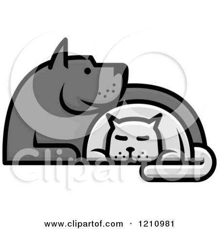Clipart of a Grayscale Dog and Cat Cuddling - Royalty Free Vector Illustration by Vector Tradition SM