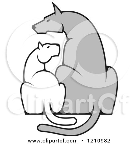 Clipart of a Grayscale Dog and Cat Sitting Side by Side - Royalty Free Vector Illustration by Vector Tradition SM
