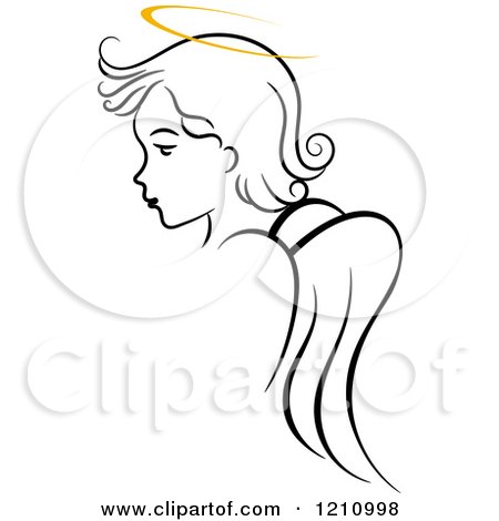 Clipart of a Black and White Angel Girl with a Golden Halo - Royalty Free Vector Illustration by Vector Tradition SM