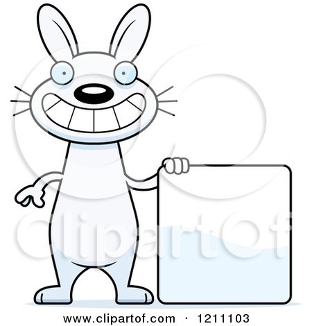 Cartoon of a Happy Slim White Rabbit with a Sign - Royalty Free Vector Clipart by Cory Thoman