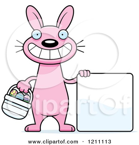 Cartoon of a Happy Slim Pink Easter Bunny with a Sign - Royalty Free Vector Clipart by Cory Thoman