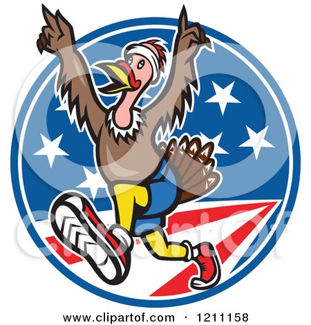 Clipart of a Turkey Trot Runner with His Arms up over American Stars and Stripes - Royalty Free Vector Illustration by patrimonio