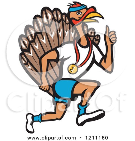 Clipart of a Turkey Trot Runner with a Medal and Thumb up - Royalty Free Vector Illustration by patrimonio