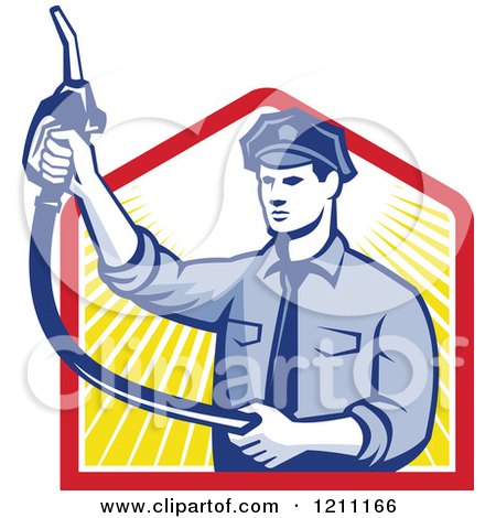 Clipart of a Retro Pump Jockey Holding up a Fuel Nozzle over Rays - Royalty Free Vector Illustration by patrimonio