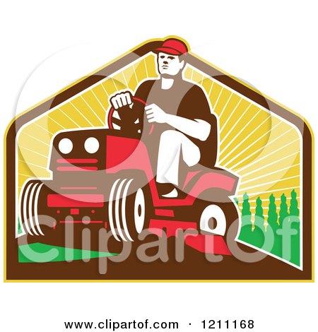Clipart of a Retro Farmer or Gardener Operating a Ride on Lawn Mower - Royalty Free Vector Illustration by patrimonio