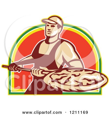 Clipart of a Retro Pizzeria Worker with a Pie on a Peel - Royalty Free Vector Illustration by patrimonio