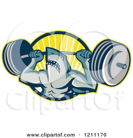 Clipart of a Shark Lifting a Barbell over a Circle of Rays - Royalty Free Vector Illustration by patrimonio