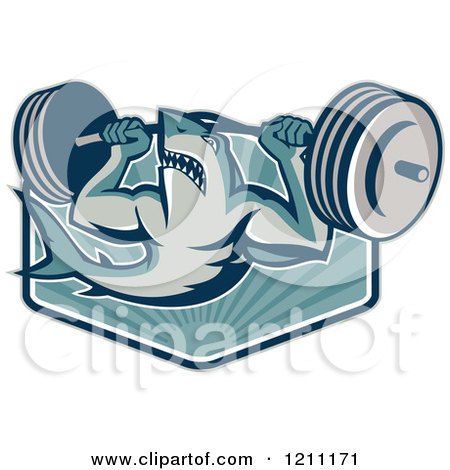 Clipart of a Retro Shark Lifting a Barbell over Rays - Royalty Free Vector Illustration by patrimonio