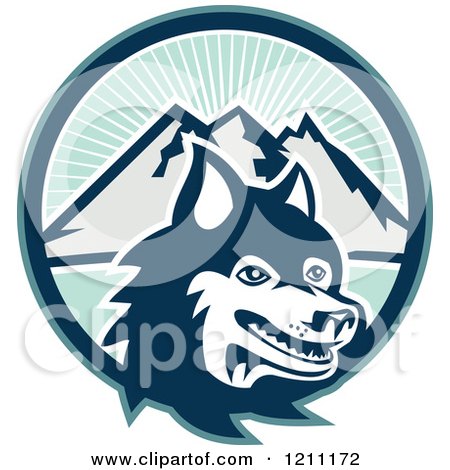 Clipart of a Retro Siberian Husky Dog over Circle of Sunshine and Mountains - Royalty Free Vector Illustration by patrimonio
