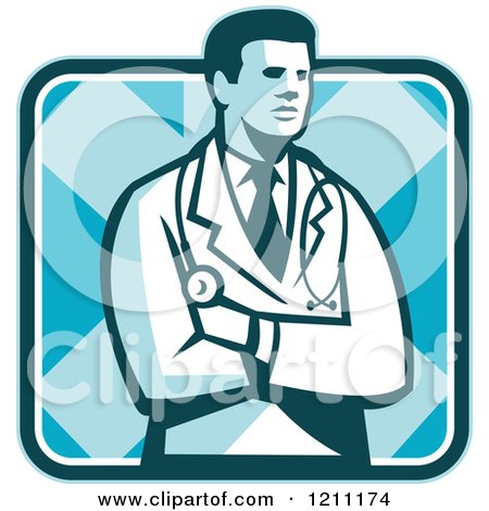 Clipart of a Retro Male Doctor Standing with Folded Arms over a Square - Royalty Free Vector Illustration by patrimonio