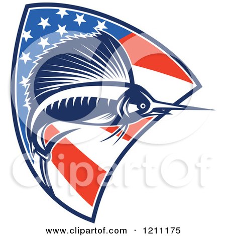 Clipart of a Retro Sailfish Leaping over an American Flag Shield - Royalty Free Vector Illustration by patrimonio