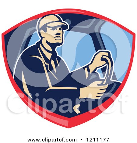 Clipart of a Retro Truck Driver Behind the Wheel in a Shield Crest - Royalty Free Vector Illustration by patrimonio