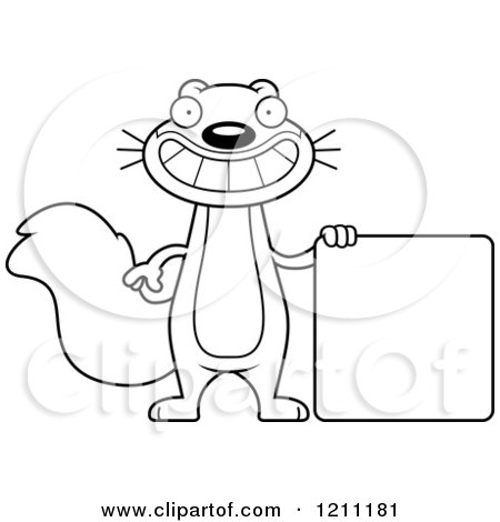 Cartoon of a Black and White Happy Slim Squirrel with a Sign - Royalty Free Vector Clipart by Cory Thoman