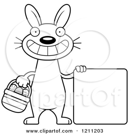 Cartoon of a Black And White Happy Slim Easter Bunny with a Sign - Royalty Free Vector Clipart by Cory Thoman