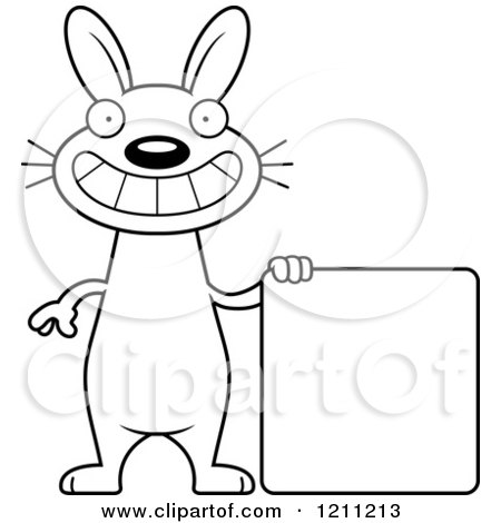 Cartoon of a Black And White Happy Slim Rabbit with a Sign - Royalty Free Vector Clipart by Cory Thoman