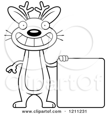 Cartoon of a Black And White Happy Slim Jackalope with a Sign - Royalty Free Vector Clipart by Cory Thoman