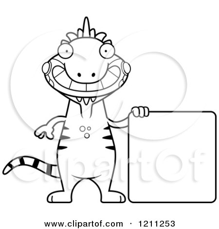 Cartoon of a Black and White Happy Slim Iguana with a Sign - Royalty Free Vector Clipart by Cory Thoman
