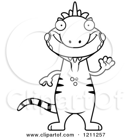 Cartoon of a Black and White Waving Slim Iguana - Royalty Free Vector Clipart by Cory Thoman