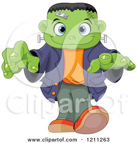 Cartoon of a Cute Frankenstein Boy Walking with His Hands out - Royalty Free Vector Clipart by Pushkin