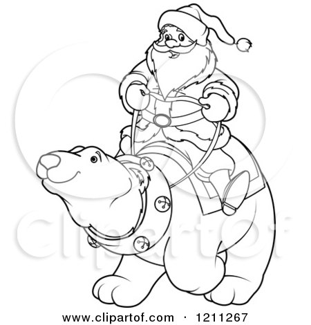 Cartoon of an Outlined Santa Riding a Polar Bear - Royalty Free Vector Clipart by Pushkin