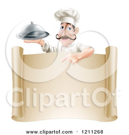 Cartoon of a Chef with a Mustache, Holding a Platter and Pointing down at a Scroll Sign - Royalty Free Vector Clipart by AtStockIllustration