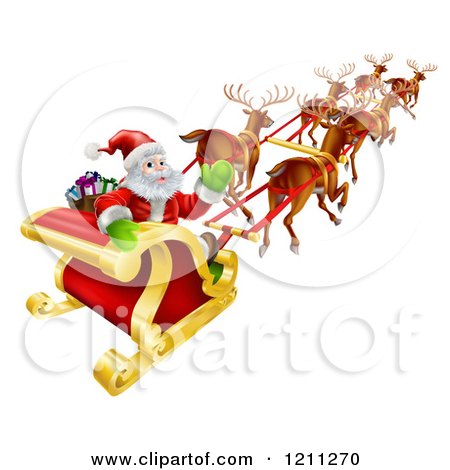 Cartoon of Santa Claus Looking Back and Waving While Flying in His Magic Reindeer Sleigh - Royalty Free Vector Clipart by AtStockIllustration