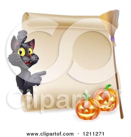 Cartoon of a Black Cat Pointing to a Scroll Sign with a Witch Broomstick and Halloween Pumpkins - Royalty Free Vector Clipart by AtStockIllustration
