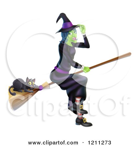 Cartoon of a Green Halloween Witch Tipping Her Hat and Flying with a Black Cat on a Broomstick - Royalty Free Vector Clipart by AtStockIllustration