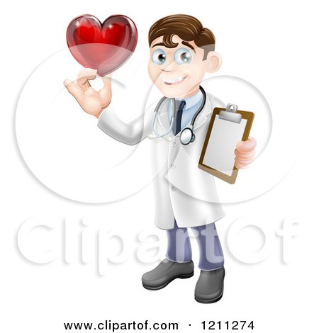 Cartoon of a Brunette Male Doctor Holding a Heart and Medical Chart - Royalty Free Vector Clipart by AtStockIllustration