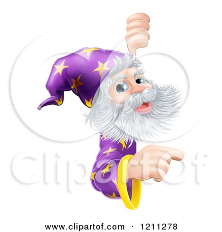 Cartoon of a Happy Gray Bearded Wizard with Pointing and Looking Around a Sign - Royalty Free Vector Clipart by AtStockIllustration