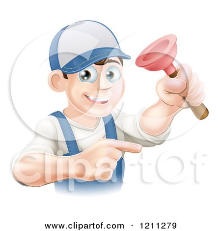 Cartoon of a Friendly Young Brunette Plumber Holding a Plunger and Pointing - Royalty Free Vector Clipart by AtStockIllustration
