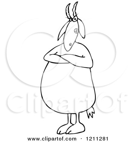 Cartoon of an Outlined Mad Goat Stnading with Folded Arms - Royalty Free Vector Clipart by djart