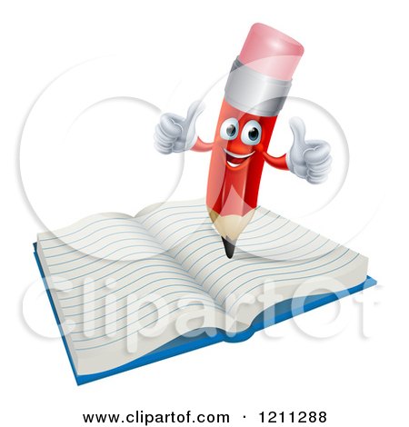 Cartoon of a Happy Red Pencil Mascot Holding Two Thumbs up on a Notebook - Royalty Free Vector Clipart by AtStockIllustration