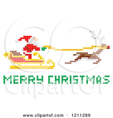 Cartoon of a Pixelated Santa Flying His Sleigh with Merry Christmas Text - Royalty Free Vector Clipart by AtStockIllustration