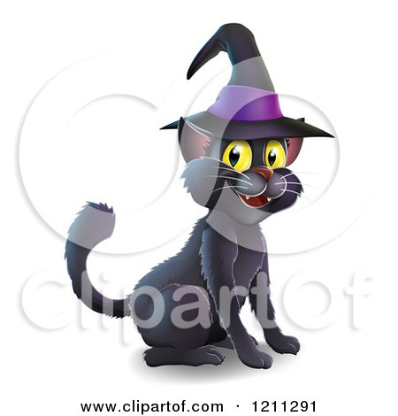 Cartoon of a Black Cat Wearing a Witch Hat and Sitting - Royalty Free Vector Clipart by AtStockIllustration