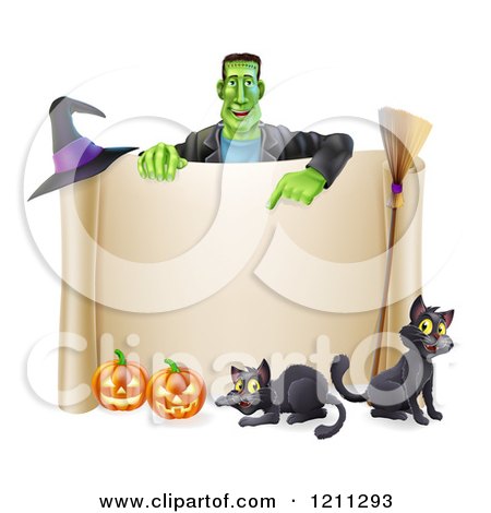Cartoon of a Happy Frankenstein Pointing down at a Scroll Sign with a Witch Hat Cats a Broomstick and Halloween Pumpkins - Royalty Free Vector Clipart by AtStockIllustration