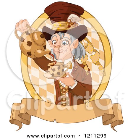 Cartoon of a Mad Hatter Pouring Tea over Diamonds and a Banner - Royalty Free Vector Clipart by Pushkin