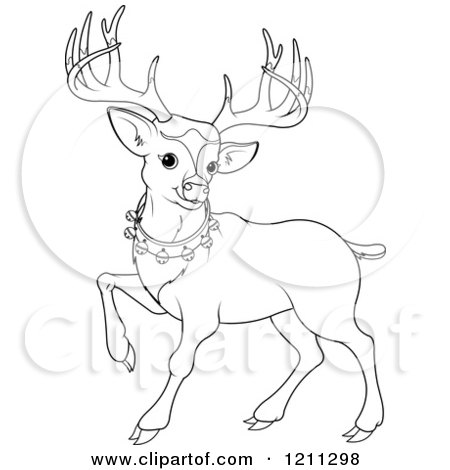 Cartoon of an Outlined Cute Christmas Reindeer with a Bell Collar - Royalty Free Vector Clipart by Pushkin