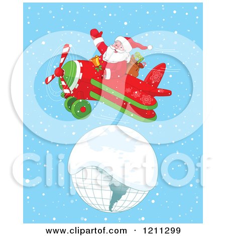 Cartoon of Santa Flying a Plane over a Snow Covered Globe - Royalty Free Vector Clipart by Pushkin