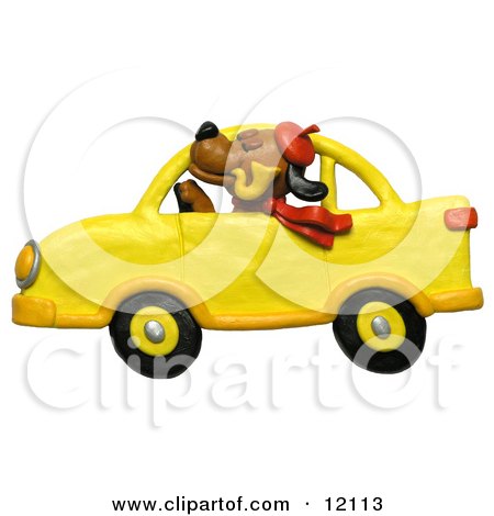 Clay sculpture of a dog with hat, pipe and scarf, driving a yellow car Clipart Picture by Amy Vangsgard