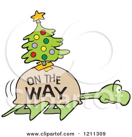 Cartoon of a Slow Tortoise with on the Way and a Christmas Tree on His Shell, Stretching His Neck and Walking - Royalty Free Vector Clipart by Johnny Sajem