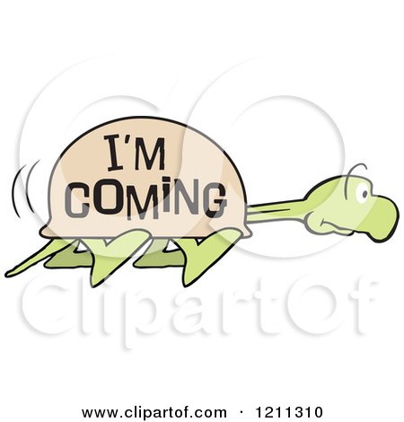 Cartoon of a Slow Tortoise with I'm Coming on His Shell, Stretching His Neck and Walking - Royalty Free Vector Clipart by Johnny Sajem