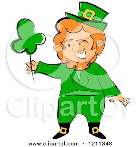 Cartoon of a St Patricks Day Leprechaun Holding up a Shamrock - Royalty Free Vector Clipart by peachidesigns
